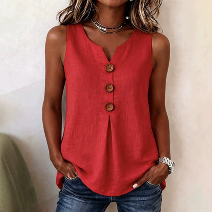 Summer 2026 Women's Blouses Fashion Button Cotton Linen Sleeveless Shirts Casual Solid Colors V-Neck Loose Plus Size Tank Tops