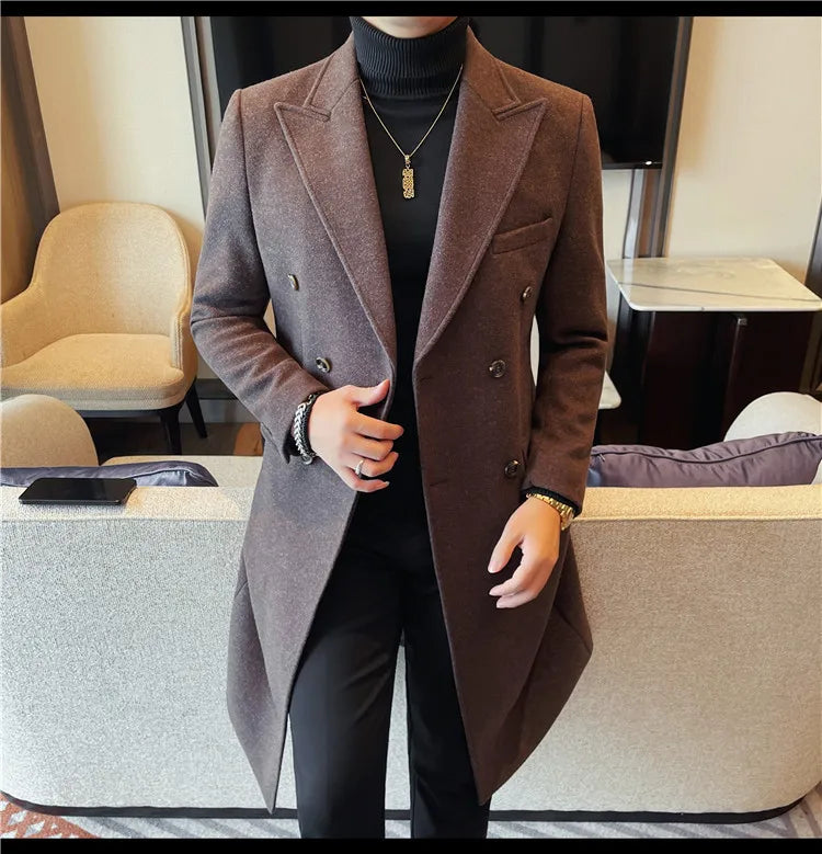 Autumn Winter Vintage Men's Woolen Long Coat Fashion Lapel High Quality Double Breasted Formal Men Slim Fit WindBreaker Overcoat