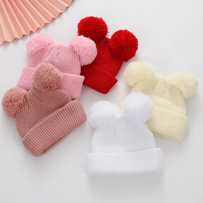 0-12M Solid Knitted Cute Pom Pom Cap Newborn Boys Girls Turban Hats Hospital Bonnets Infant Autumn Winter Headwraps Kid Headwear