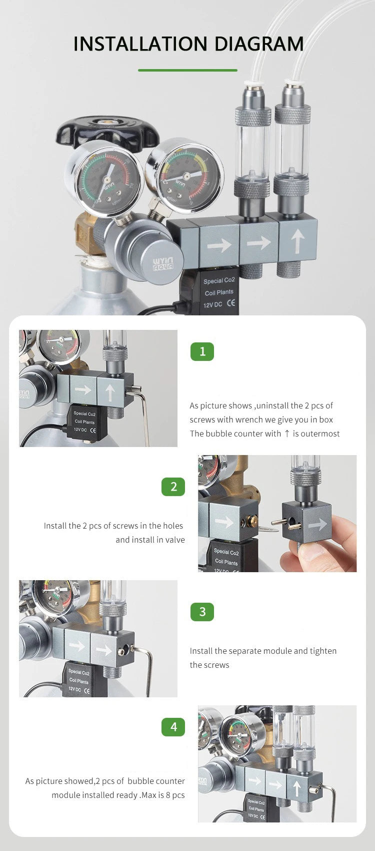 Aquarium CO2 Regulator Dual Meter Solenoid Valve Quick Plug Foam Recorder Control System Fish Tank CO2 Pressure Reducing Valve