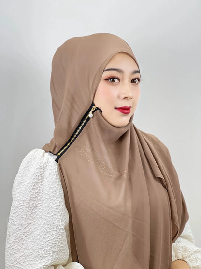 Muslim Hijab Arab Turkish Hijab with Zipper Chiffon Scarf Women's Fashion Plain Hijab Wrap Solid Color Shawl Headscaf 71x180cm