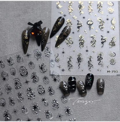 5D Gold Stamped Silver Sun Stars Snake Nail Art Stickers Totems Reliefs Self Adhesive Dark Chinese Style Manicure Decals