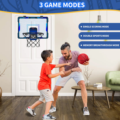 Basketball Hoop Indoor, Mini Basketball Hoop with 7 LED Lighting, Scoreboard, Over Door Basketball Hoop with 3 Modes, Volume Adjustable, Foldable, Basketball Toys for Kids,Birthday Halloween Christmas Gift