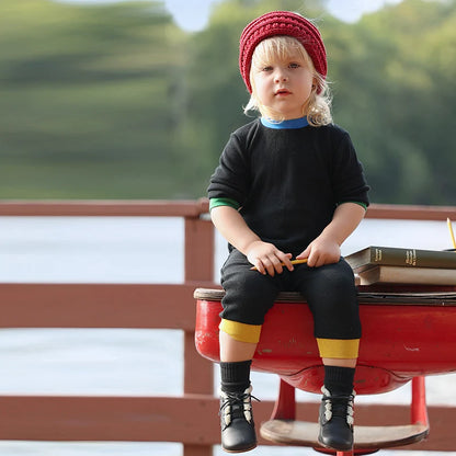 AA-Colorblock Waffle Knit Set Shirt Girl Dress and Baby Romper Contrasted Edges Rib Black Family Clothing Front Buttons Opening