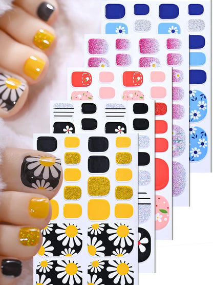 5Sheets Yellow Daisy Toenail Sticker 110Tips Full Cover Baking Free Toe Nail Wraps Elegant Flower Self-Adhesive Toe Polish Strip