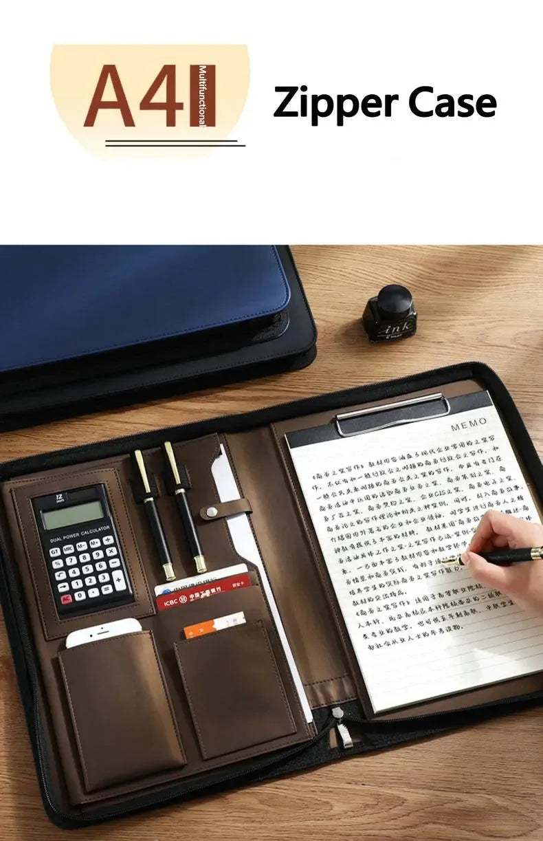 Executive Business A4 Leather Portfolio Folder Clipboard for Zippered Desk Organizer Document Briefcase Calculator for Office