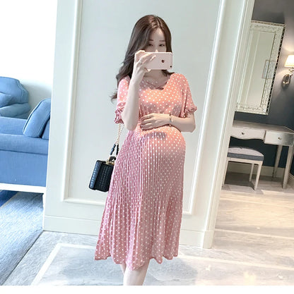 Summer Maternity Dress for Pregnant Women Petal Collar Bubble Sleeve High Waist Peter Pan Casual Temperament Gown