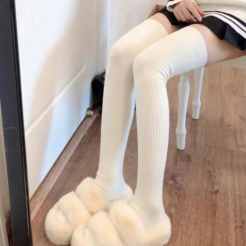 Cashmere Knitted Knee High Socks Women's Solid Soft Long Wool Socks Casual Fluffy Warm Stocking Skinny Thicken Thigh High Socks