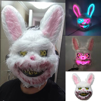 LED Bloody Rabbit Mask Glowing Killer Black Bear Mask Halloween Dance Party Cosplay Costume Props Assassinated Plush Rabbit Mask