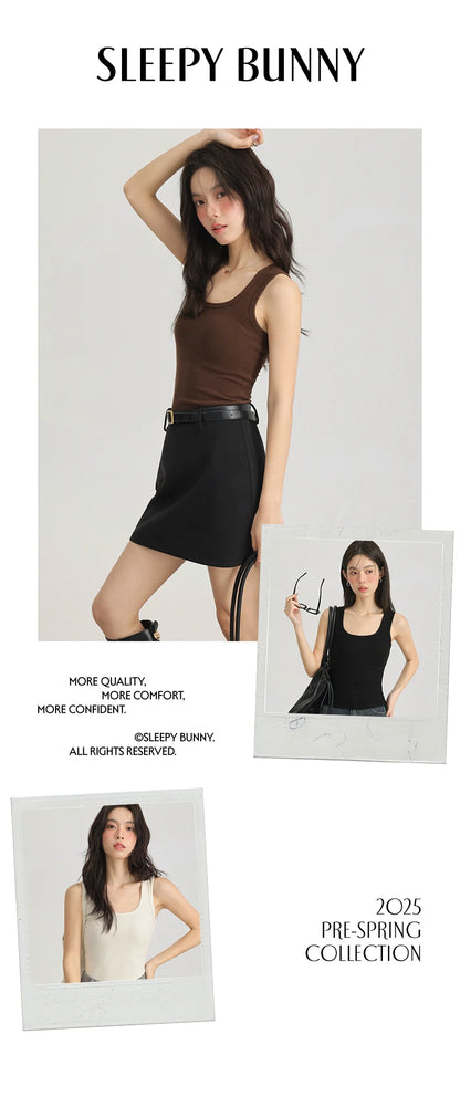 Spring Women U-Neck Knit Tank Top Cashmere-Like Fabric Elastic Slim Fit Sleeveless Camisole Solid Color Base Layer Stylish Vest