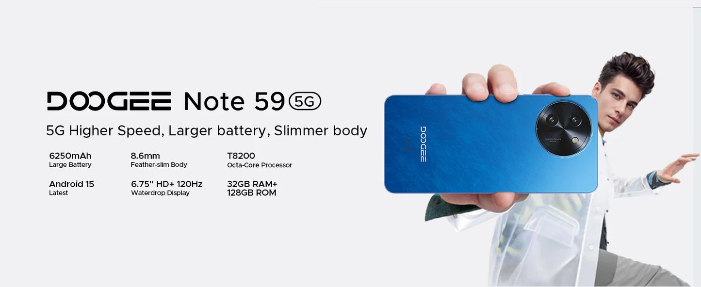 DOOGEE Note 59 5G SmartphoneAndroid 15 NFC Cellphone 6.75" Screen 32GB (8+24) 128GB Unisoc T820  6250mAh Battery Mobile Phone