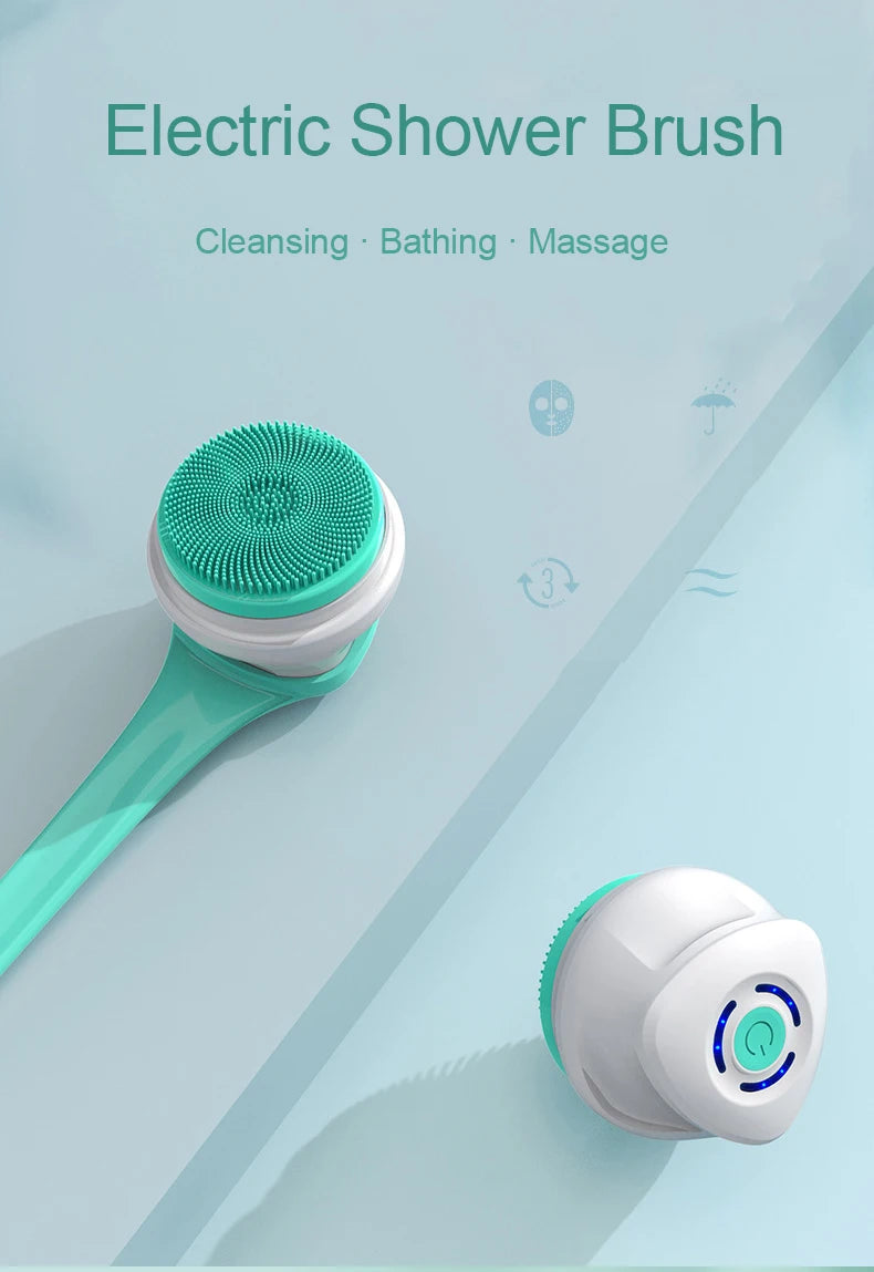 Electric Bath Brush 5-in-1 Long Handle Rechargeable Spin Body Facial Scrubber Back Rubbing Cleaning  Massage Spa Shower Brush