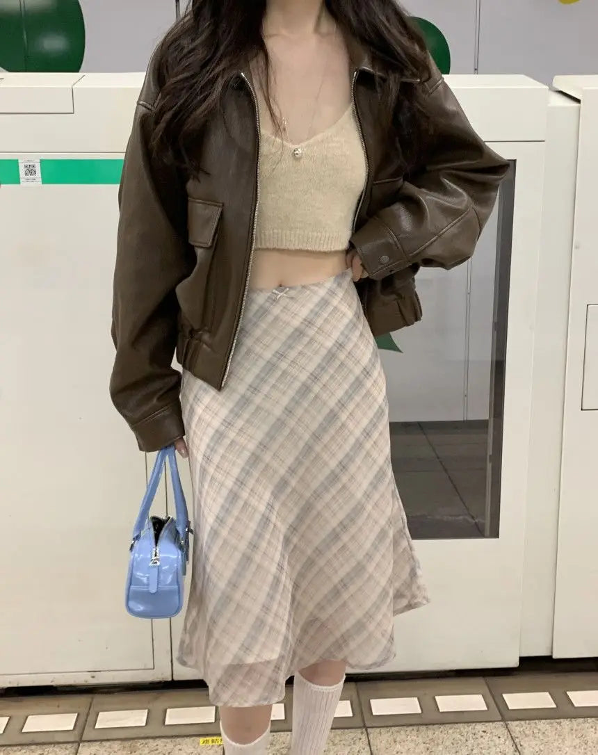 Deeptown Plaid Skirt Vintage Women Elegant Sweet Korean Style Mid Skirt Y2k Harajuku fashion A-line summer Aesthetics Skirts