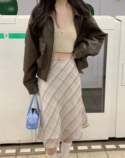 Deeptown Plaid Skirt Vintage Women Elegant Sweet Korean Style Mid Skirt Y2k Harajuku fashion A-line summer Aesthetics Skirts