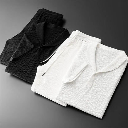 Summer Linen Set Men's Short Sleeve T-Shirt Tang Suit Style Casual Men's Wear Complete Set Lightweight Ice Silk Material
