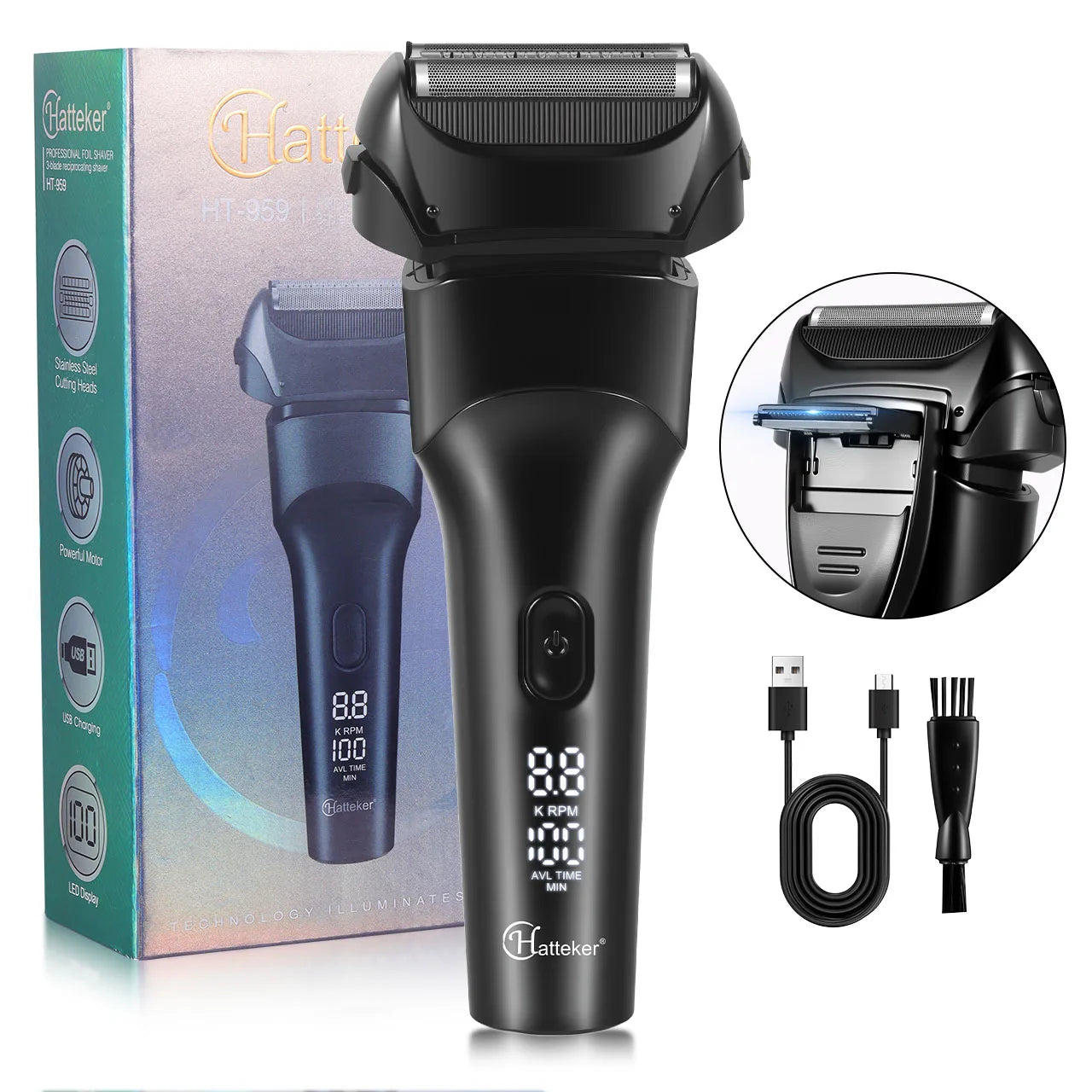 Hatteker 5-D Reciprocating Shaver for Men Home Use Beard Trimmer with LCD Digital Display Mesh Whitener USB Haircut Machine