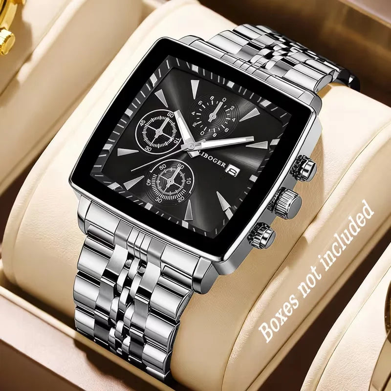 Luxury Square Dial Men Quartz Wristwatch Fashion Stainless Steel Man Business Watches With Calendar Reloj Hombre (Without Box)