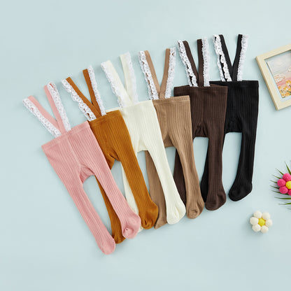 Infant Baby Girls Suspender Pantyhose, High Waist Lace Plain Rib Knitted Footed Leggings Tights 0-1Years