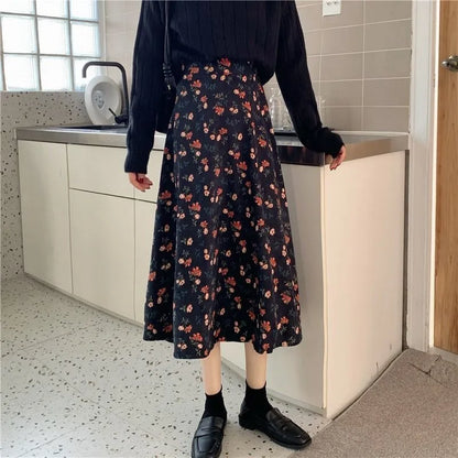 Women Floral Corduroy Midi Skirt High Waist A Line Printed Swing Long Skirt For Spring Autumn
