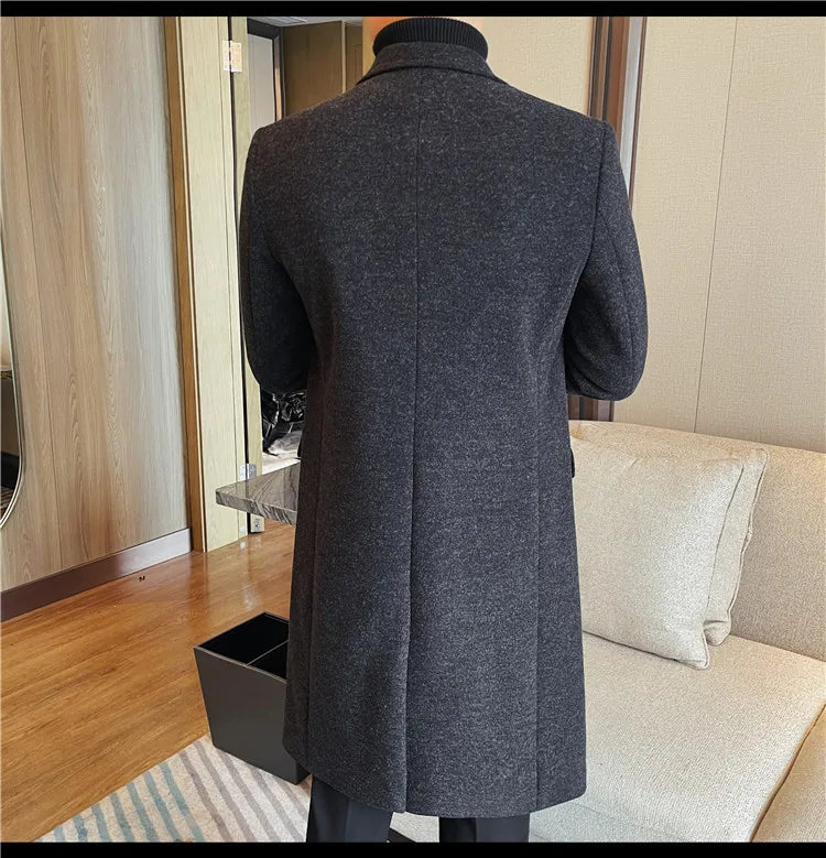 Autumn Winter Vintage Men's Woolen Long Coat Fashion Lapel High Quality Double Breasted Formal Men Slim Fit WindBreaker Overcoat