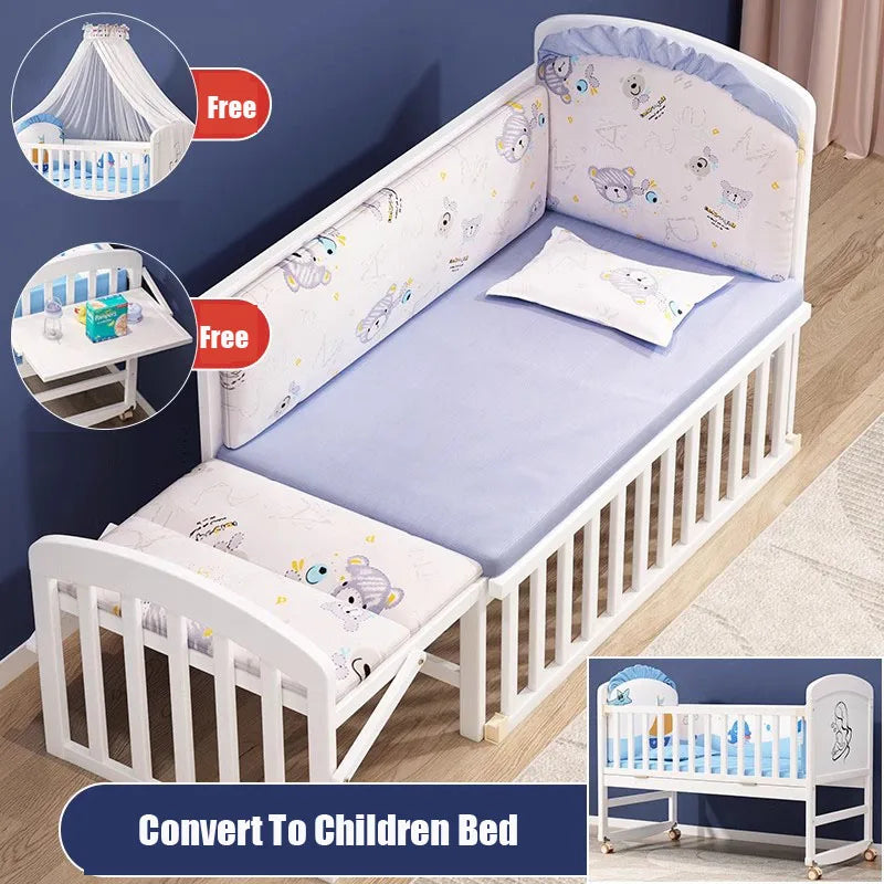 Wood Baby Crib With Mosquito Net And Diaper Table Convert To Kids Bed, Bedding Set, Baby Cot, Bed, Rocker Mattress