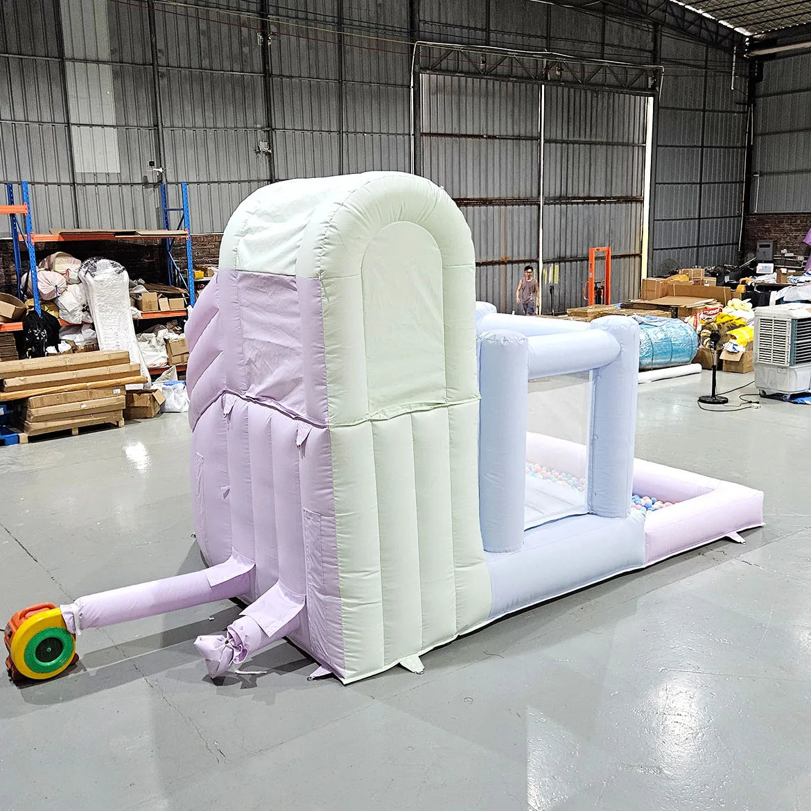 Pastel Macaron Inflatable Bouncer with Water Slide and Ball Pit PVC Wet Dry Bouncy Castle with Basketball Hoop for Kids Party