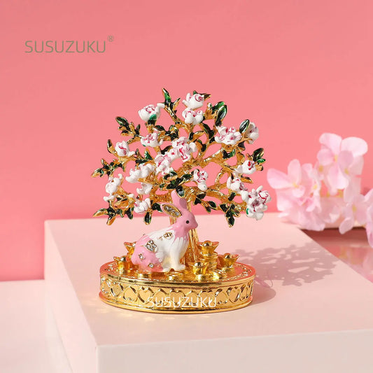 Cherry Blossom Tree Crystal Hinged Jewelry Box Little White Rabbit Necklace Earrings Nail Ring Box