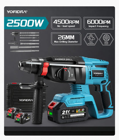 YOFIDRA 26mm Brushless Electric Rotary Hammer Cordless Multifunctional Impact Hammer Drill Power Tools For Makita 18-21V Battery Pin