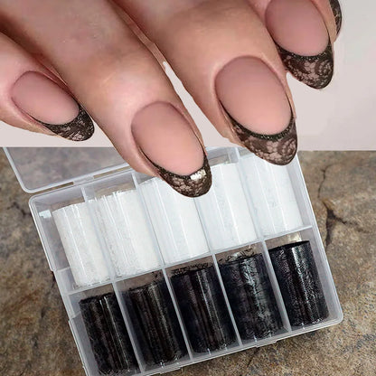 10 Rolls/Box New Black&White Lace Nail Transfer Stickers Sexy Lace Flower Full Wraps Nail Decals DIY French Manicure Decorations