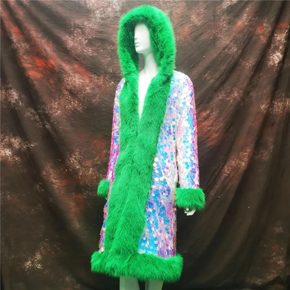 Patchwork Women Hooded Faux Fur Coat Fox Fur Long Sleeve Thick Warm Fur Outerwear Spliced Party Stage Loose Fit Sequined