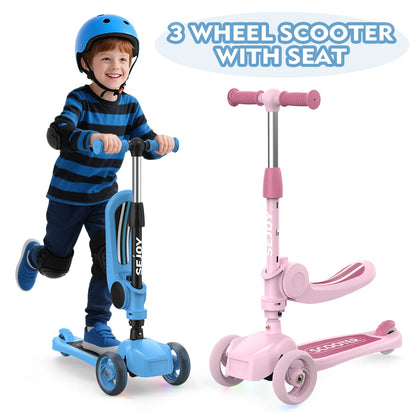 Sejoy Kick Scooter for Kids with 3-Wheeled Adjustable Lean-to-Steer Handlebar Foldable Seat - Sit or Stand Ride with Brake