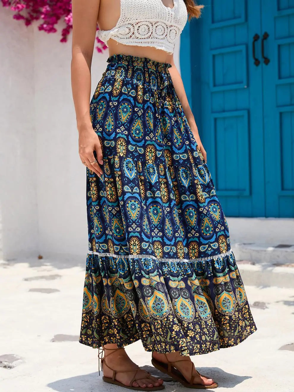 Women's Casual Temperament Skirt Women's Fashionable Bohemian Printed Elastic Waist Temperament Skirt Big Sway Temperament Skirt
