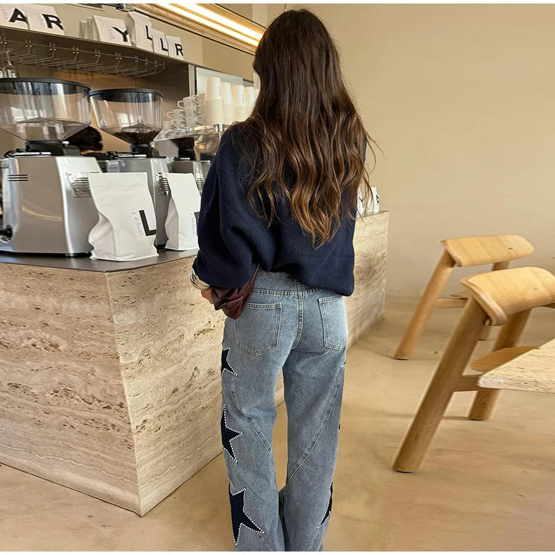 Female Vintage Leather Pocket Jeans Women Blue Zipper Straight Loose Trousers Lady New Fashion Daily Casual Spring Pants 2026