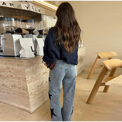 Female Vintage Leather Pocket Jeans Women Blue Zipper Straight Loose Trousers Lady New Fashion Daily Casual Spring Pants 2026