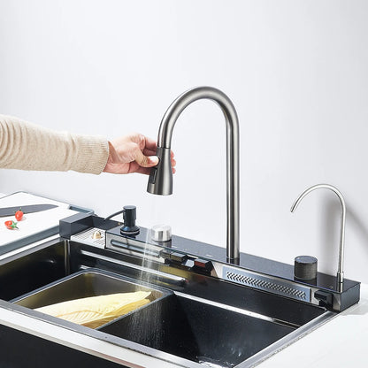 304 Stainless Steel Kitchen Waterfall Sink Digital Display Large Single Sink Dish Basin Sink With Multifunction Touch Waterfall