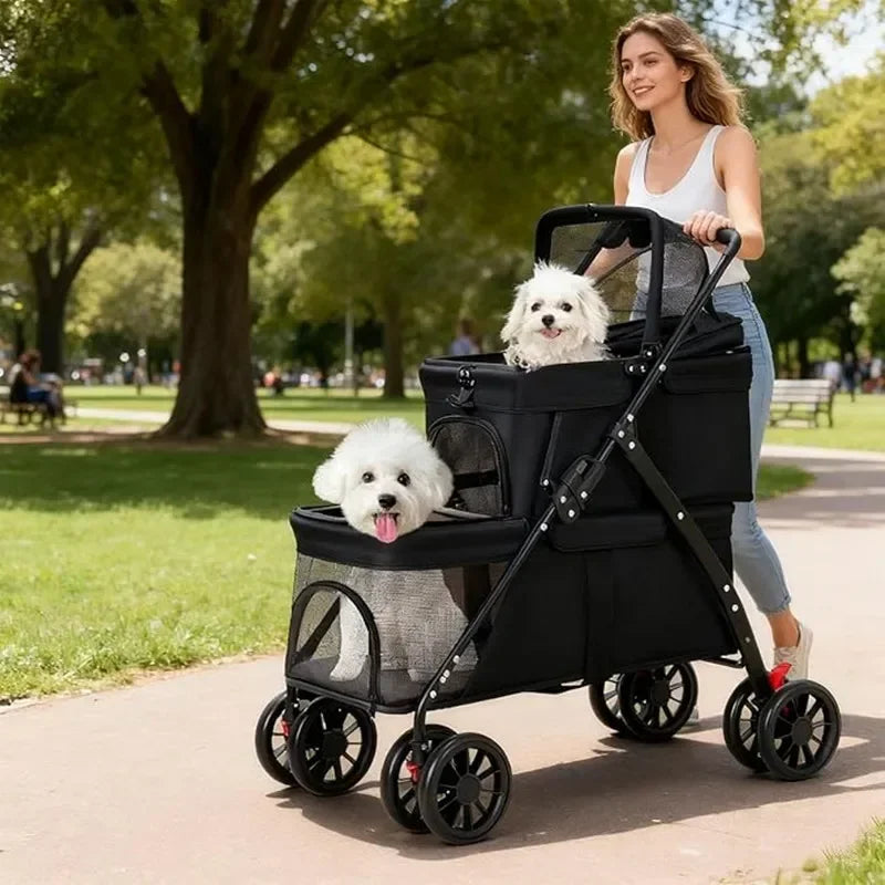 Dual‑Layer Pet Stroller Foldable Travel Dog Cat Cart Breathable Mesh Wagon with Cup Holder Storage Bag for Small Animals