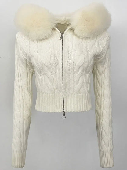 Fashion Natural Fox Fur Collar with Knitted Sweater Women Casual Sweater 2025 New Spring Autumn Slim Fit Elastic Oversized Coat