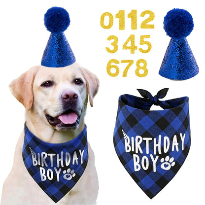 4pcs Dog Birthday Party Supplies, Birthday Boy Dog Bandana, Dog Birthday Hat with Numbers for Medium Large Dogs Pets
