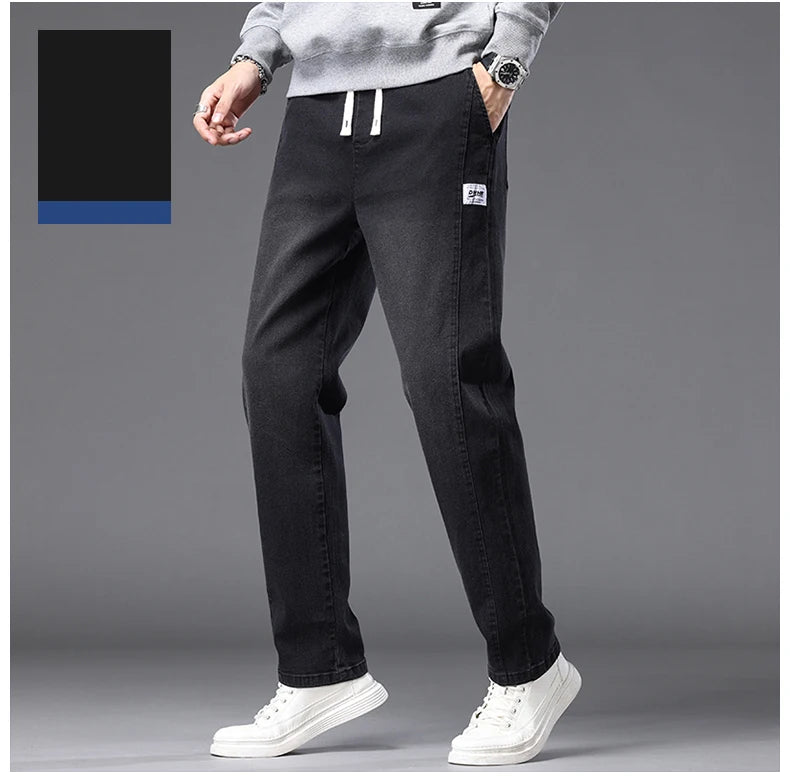 Autumn Winter Blue Jeans Men Drawstring Elastic Waist Cotton Cargo Denim Pants Work Fashion Thick Trousers Male Plus Size M-4XL
