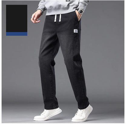 Autumn Winter Blue Jeans Men Drawstring Elastic Waist Cotton Cargo Denim Pants Work Fashion Thick Trousers Male Plus Size M-4XL
