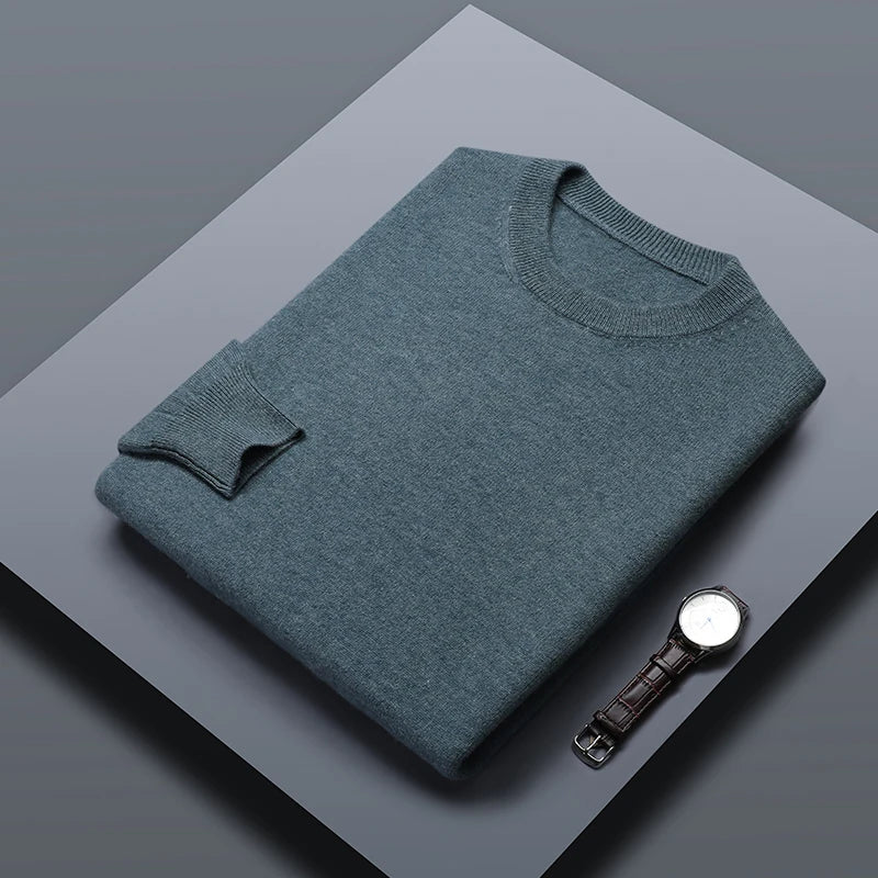 Classic Solid Color Men's O-neck Sweater Autumn Winter 100% Merino Wool Knitted Pullover Long Sleeve Warm Loose Casual Men Tops