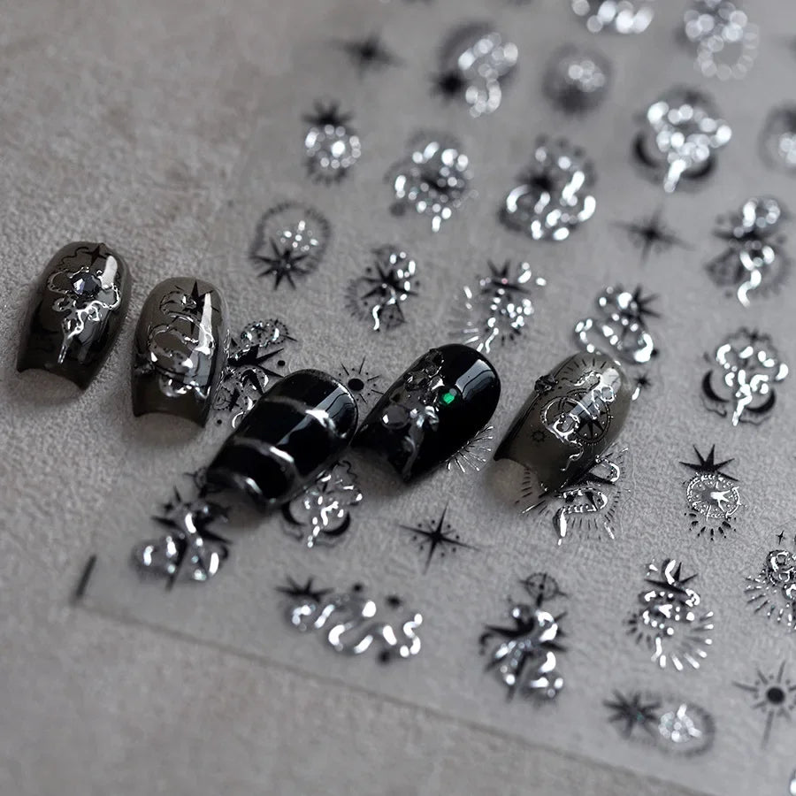 5D Gold Stamped Silver Sun Stars Snake Nail Art Stickers Totems Reliefs Self Adhesive Dark Chinese Style Manicure Decals