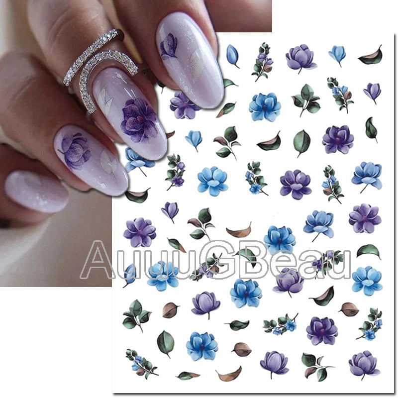 3d Nails Art Decals Spring Fruits Pink Full Tips Peony Magnolia Flowers Adhesive Sliders Stickers Decoration For Nails Manicure