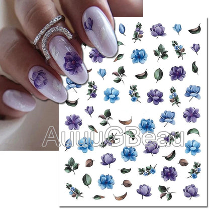 3d Nails Art Decals Spring Fruits Pink Full Tips Peony Magnolia Flowers Adhesive Sliders Stickers Decoration For Nails Manicure