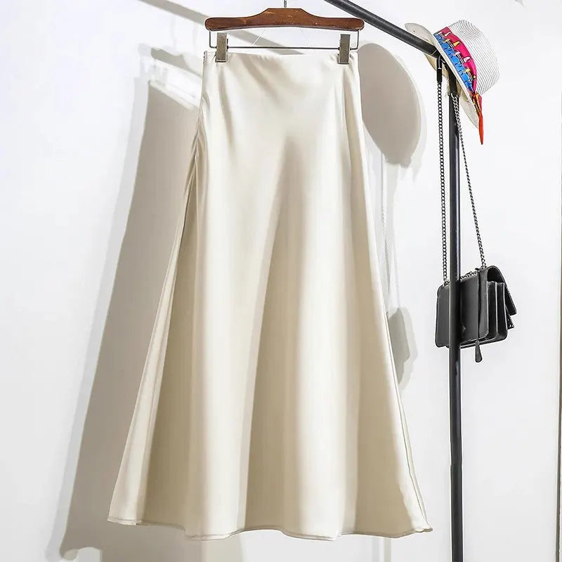 Botvotee Elegant Satin Long Skirt for Women Spring Summer 2025 Office Ladies Korean Style Loose Elastic Band Midi Skirts
