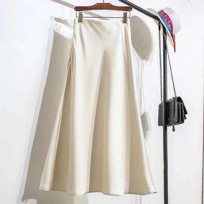 Botvotee Elegant Satin Long Skirt for Women Spring Summer 2025 Office Ladies Korean Style Loose Elastic Band Midi Skirts