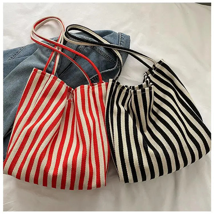 Large Capacity Canvas Women Shopper Tote Simple Striped Shoulder Bag Female Casual Multifunctional Travel Top-handle Handbag