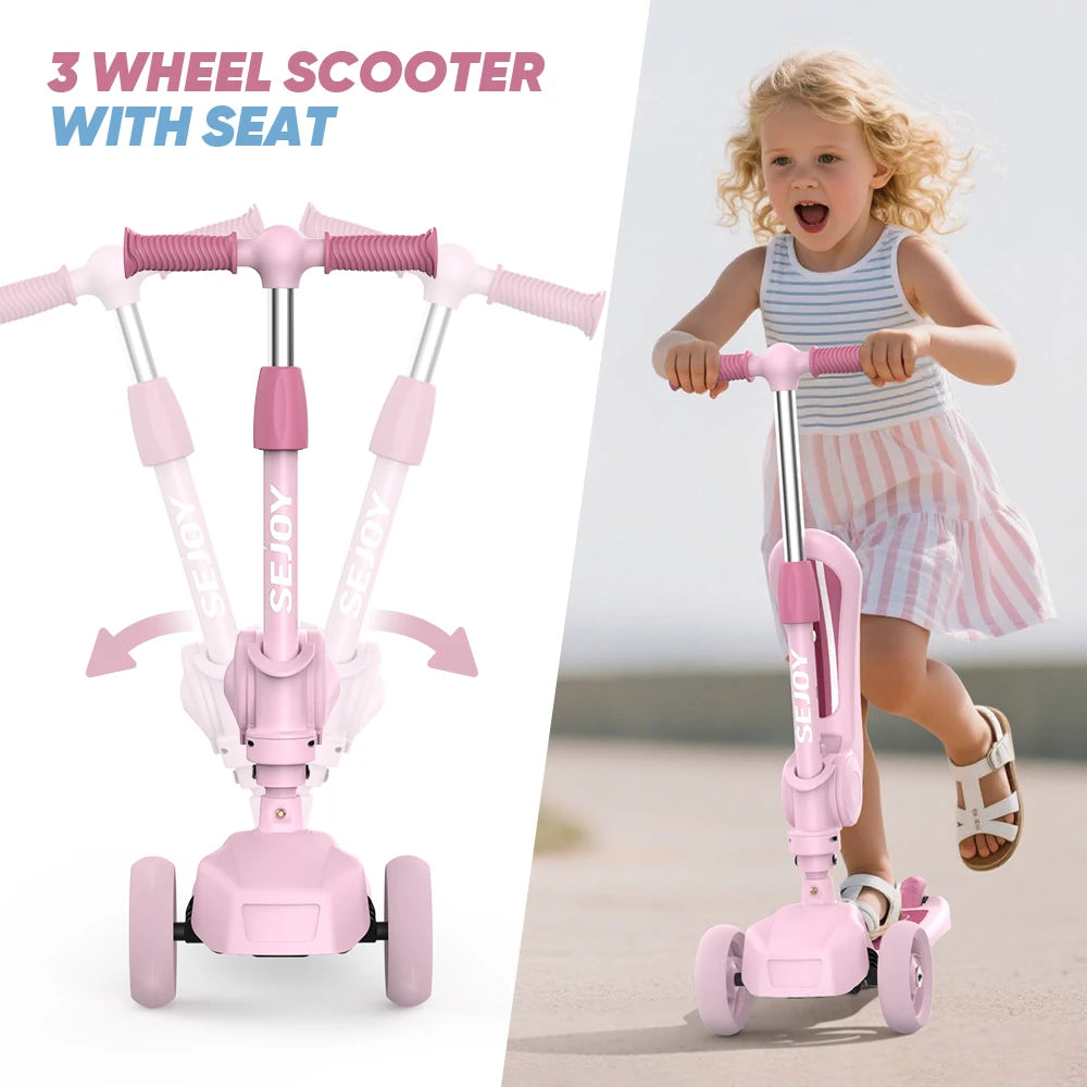 Sejoy Kick Scooter for Kids with 3-Wheeled Adjustable Lean-to-Steer Handlebar Foldable Seat - Sit or Stand Ride with Brake