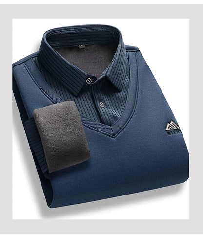 Men's Fleece Lined Sweater Polo Collar Pullover Tops Fashion Business Causal Pullovers Korean Slim Fit Thick Winter Clothes