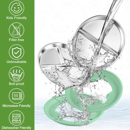 New Non-Slip Stainless Steel Kids Plate with Suction Anti Breakage Divided Baby Plates Silicone Sleeves Removable Toddler Bowls